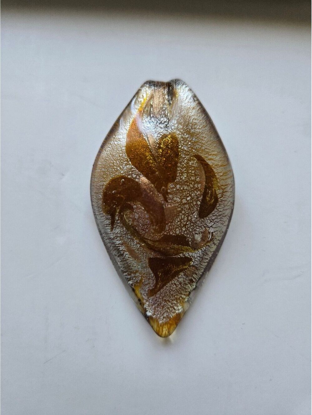 Pendant: Handblown Vintage Glass Teardrop Leaf Amber, Silver & Gold Pendant